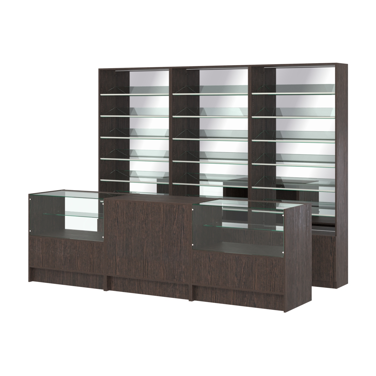 Комплект стеллажей с наклонными стеклянными полками SL-6 №12-2 и прилавков ЭК-03 Дуб Венге