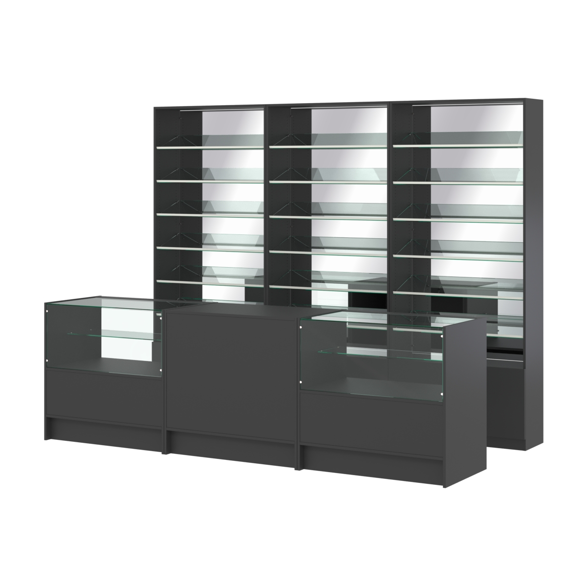 Комплект стеллажей с наклонными стеклянными полками SL-6 №12-2 и прилавков ЭК-03 Черный