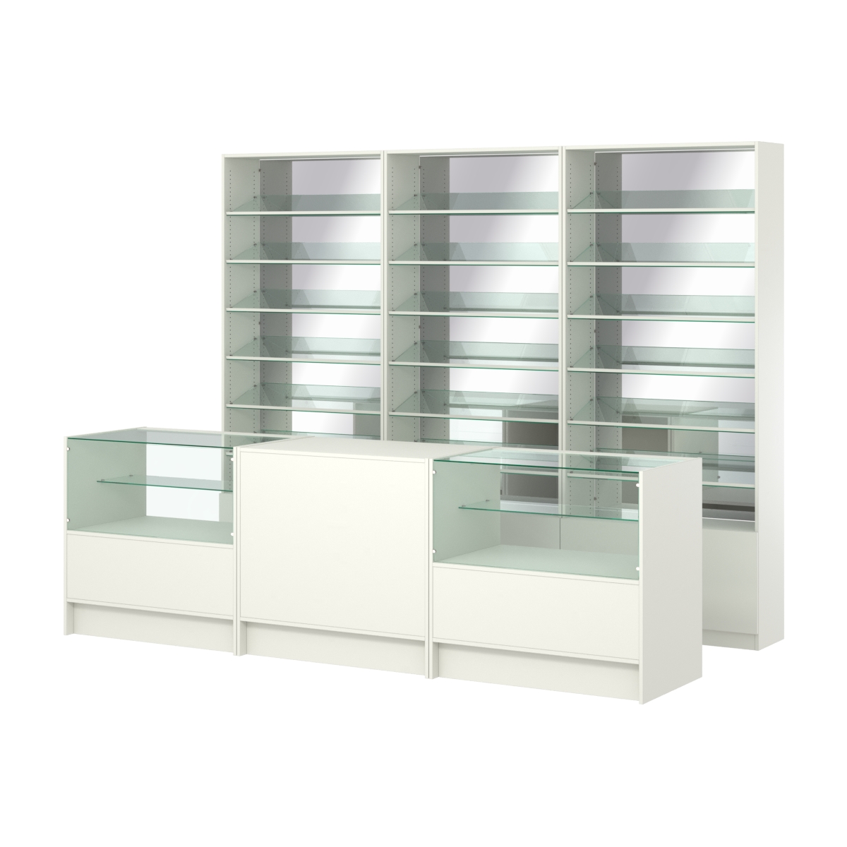 Комплект стеллажей с наклонными стеклянными полками SL-6 №12-2 и прилавков ЭК-03 Белый