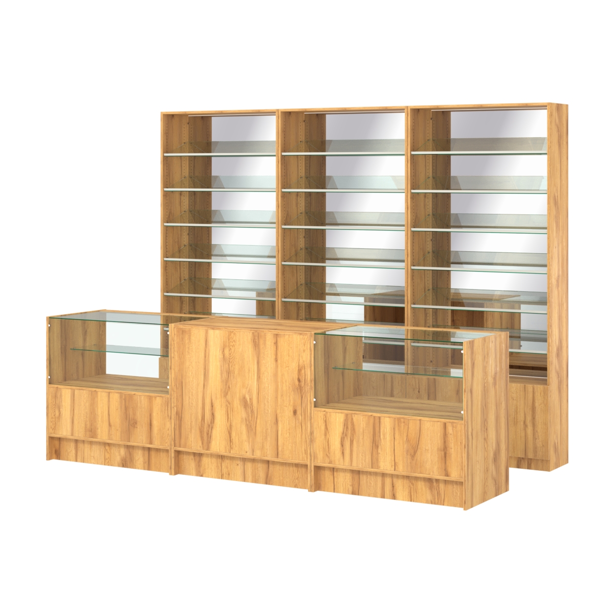 Комплект стеллажей с наклонными стеклянными полками SL-6 №12-2 и прилавков ЭК-03 Дуб Золотистый