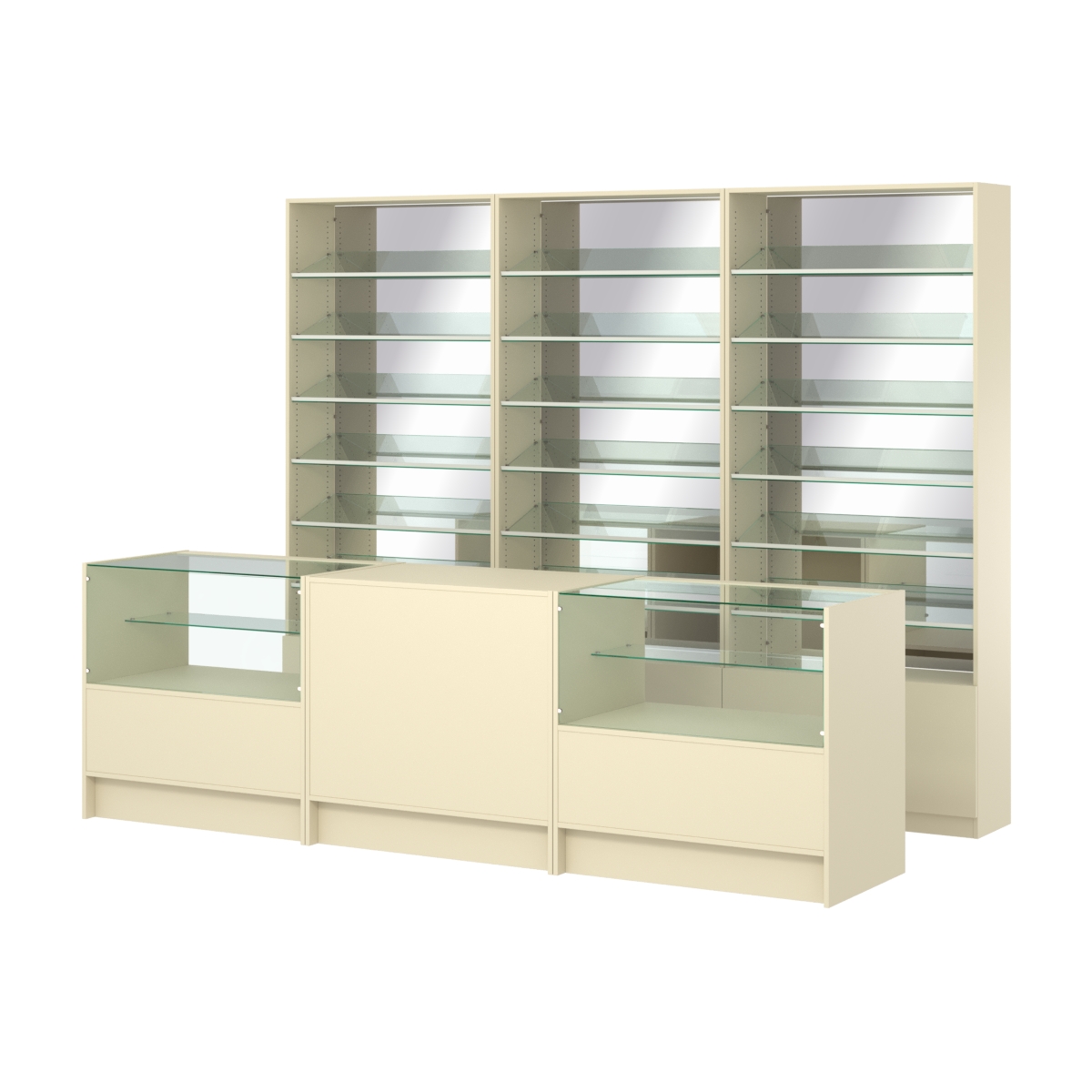 Комплект стеллажей с наклонными стеклянными полками SL-6 №12-2 и прилавков ЭК-03 Крем Вайс