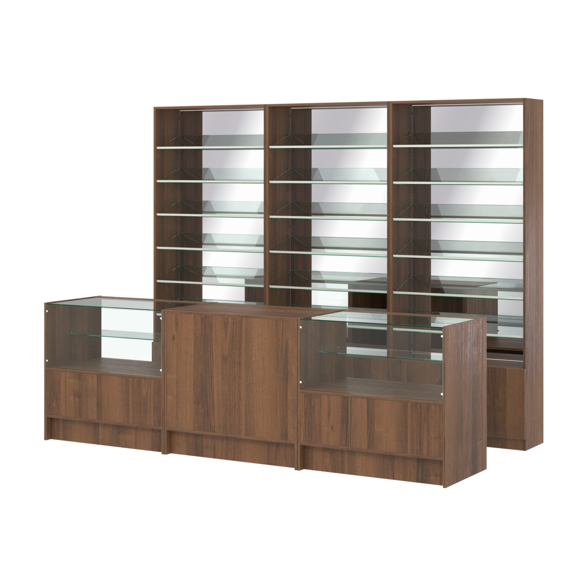 Комплект стеллажей с наклонными стеклянными полками SL-6 №12-2 и прилавков ЭК-03 Орех