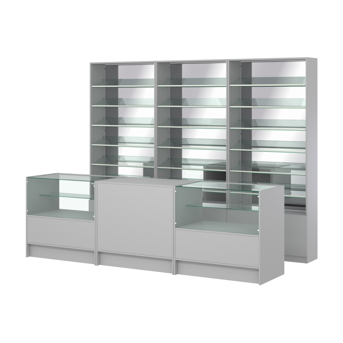 Комплект стеллажей с наклонными стеклянными полками SL-6 №12-2 и прилавков ЭК-03 Серый