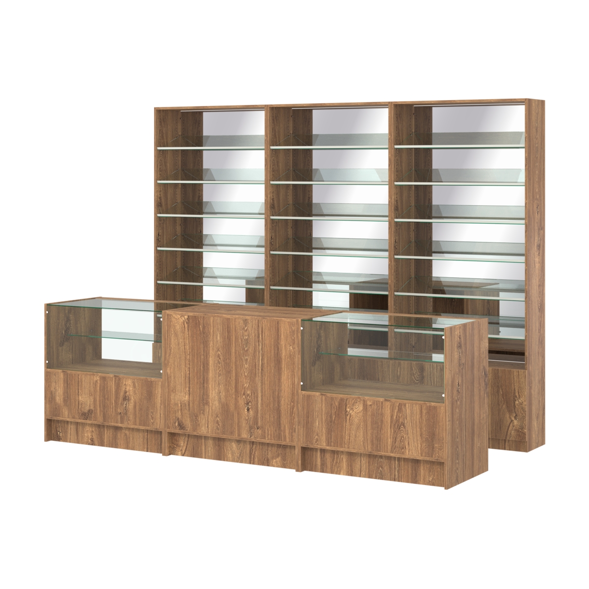 Комплект стеллажей с наклонными стеклянными полками SL-6 №12-2 и прилавков ЭК-03 Дуб Канзас коричневый