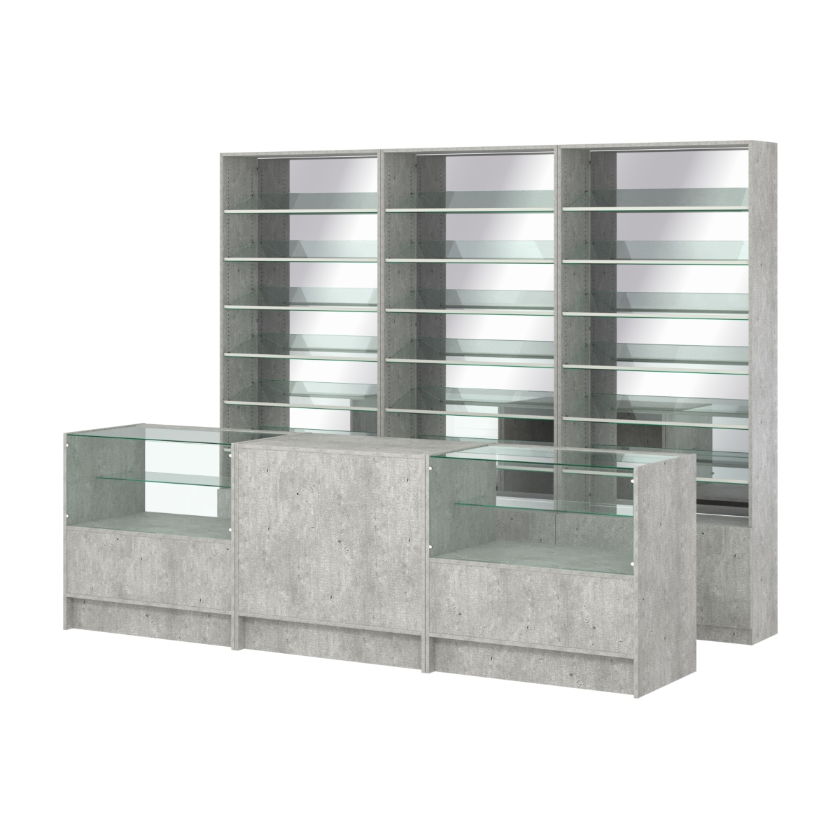 Комплект стеллажей с наклонными стеклянными полками SL-6 №12-2 и прилавков ЭК-03 Метрополитан Грей