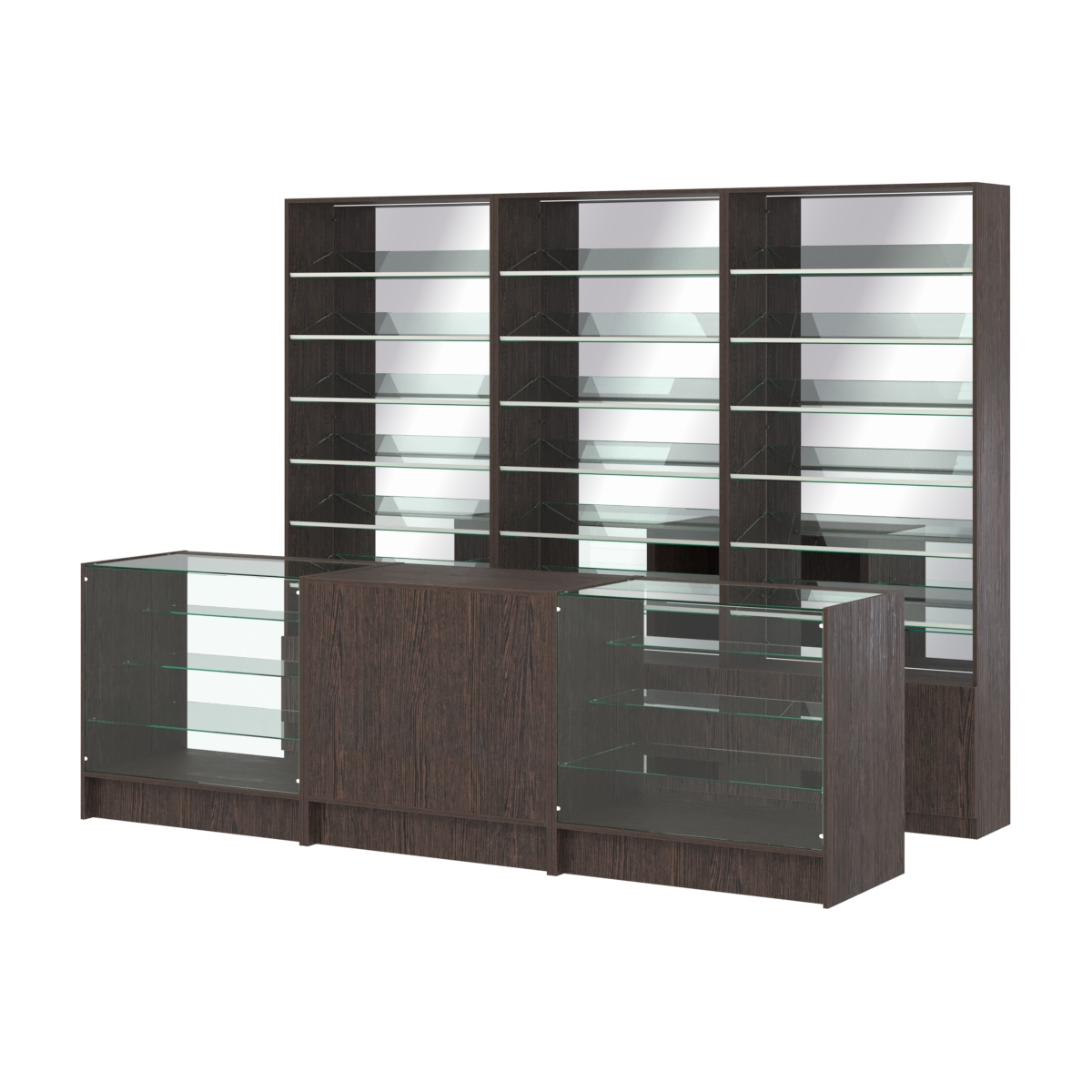 Комплект стеллажей с наклонными стеклянными полками SL-6 №12-2 и прилавков ЭК-04 Дуб Венге