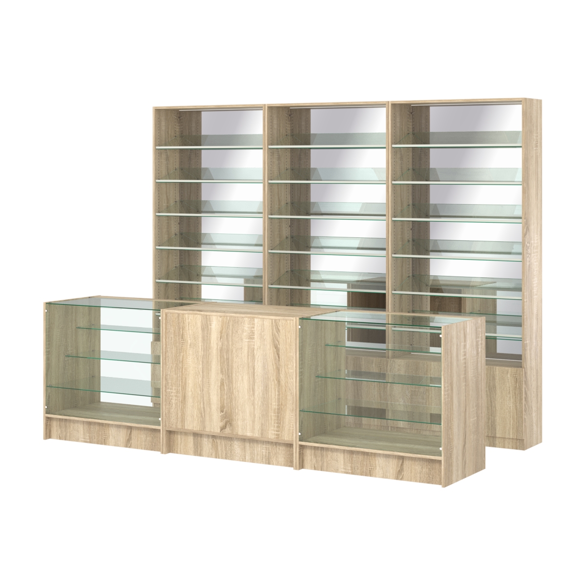 Комплект стеллажей с наклонными стеклянными полками SL-6 №12-2 и прилавков ЭК-04 Дуб сонома