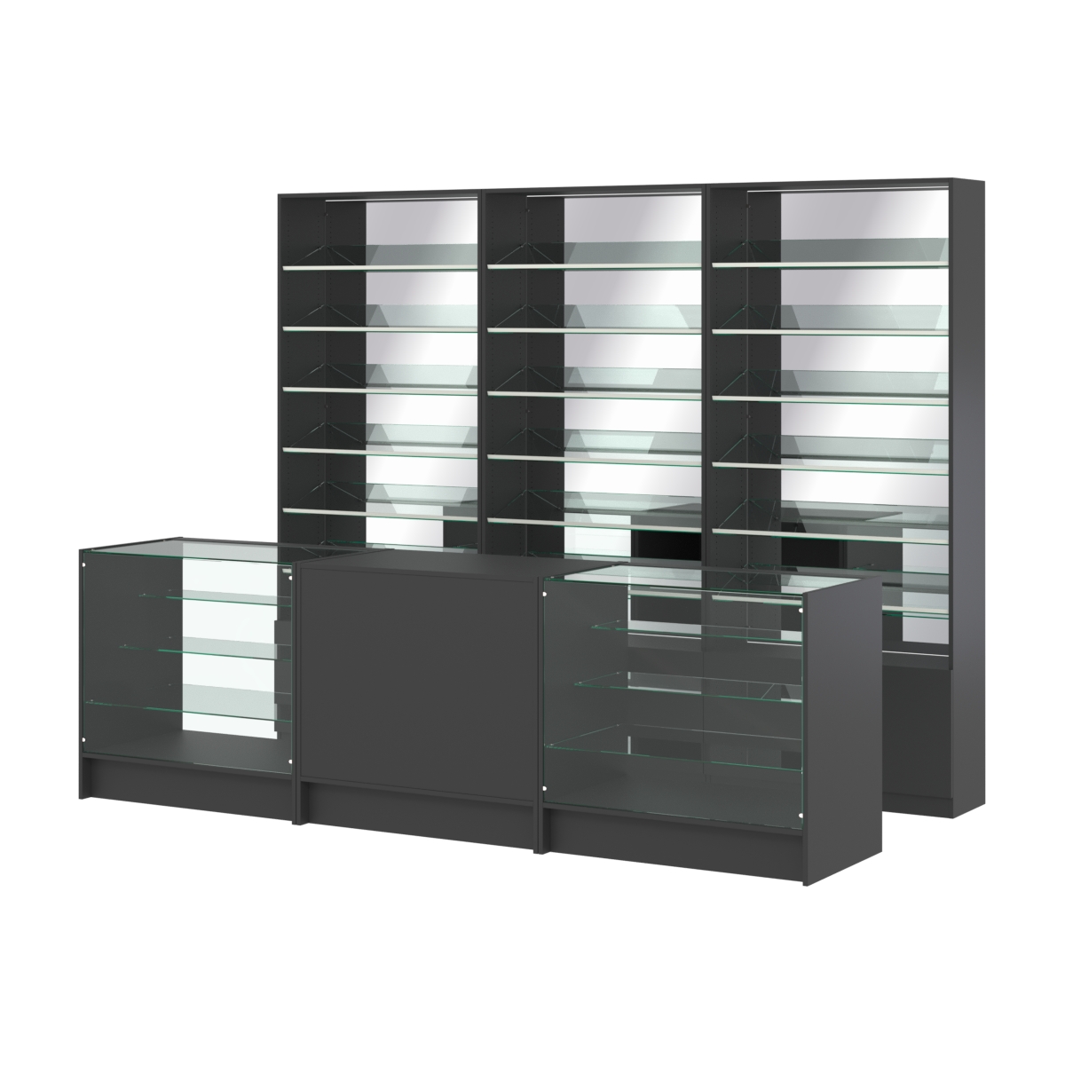 Комплект стеллажей с наклонными стеклянными полками SL-6 №12-2 и прилавков ЭК-04 Черный