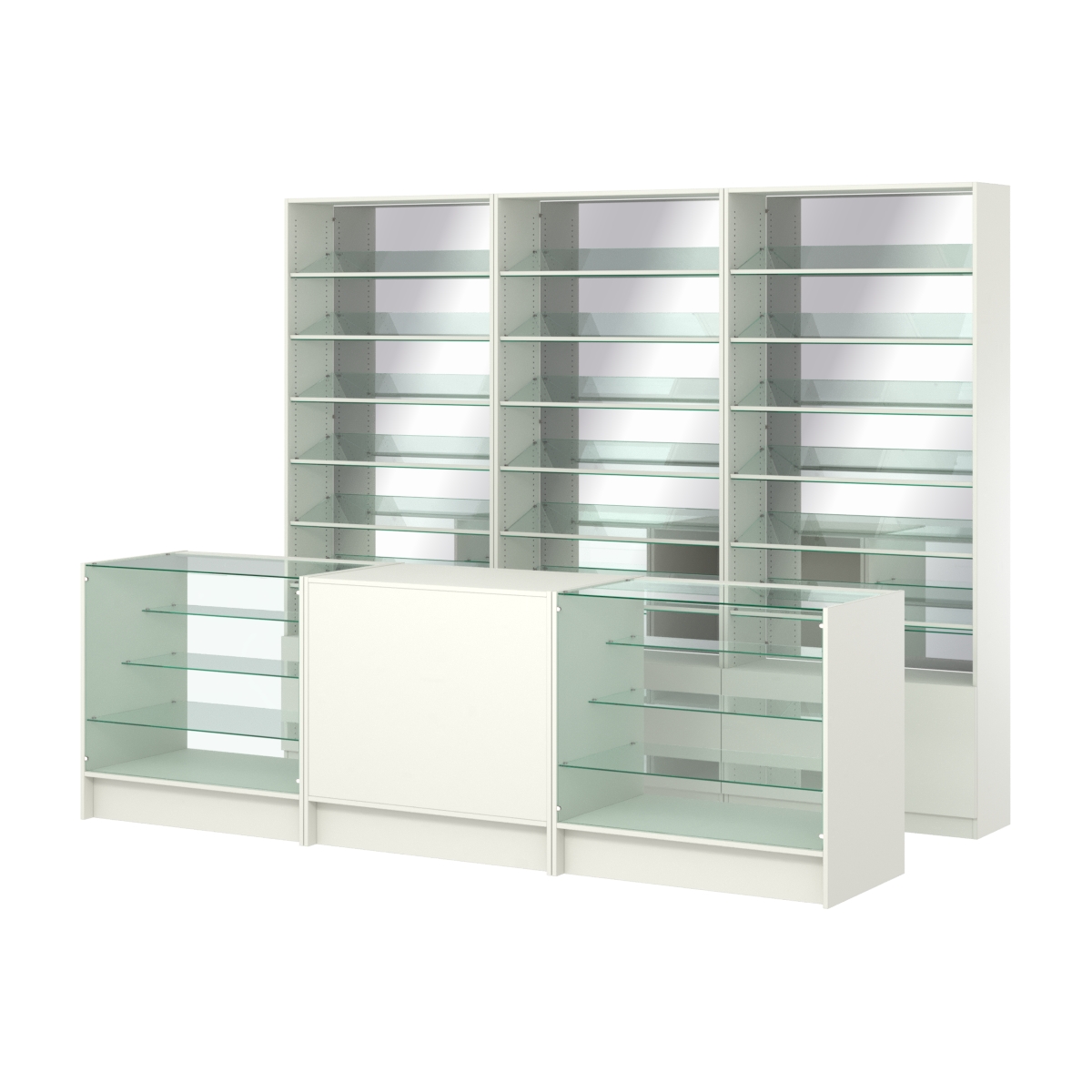 Комплект стеллажей с наклонными стеклянными полками SL-6 №12-2 и прилавков ЭК-04 Белый