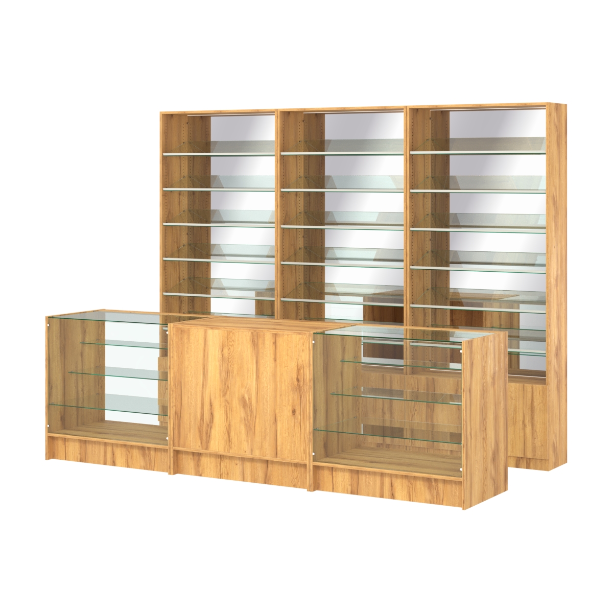 Комплект стеллажей с наклонными стеклянными полками SL-6 №12-2 и прилавков ЭК-04 Дуб Золотистый