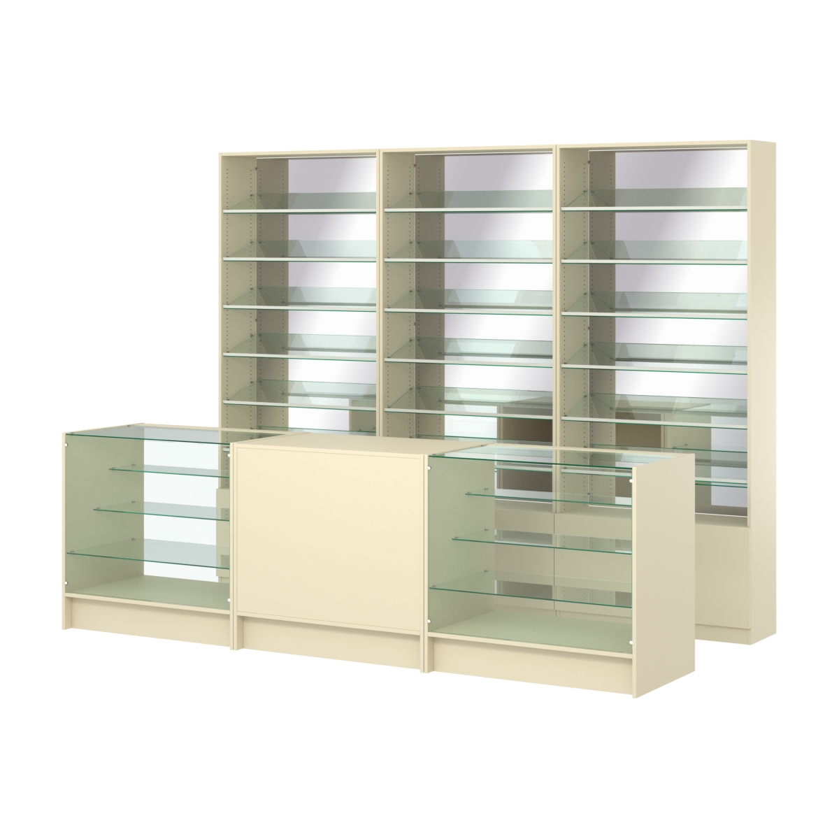 Комплект стеллажей с наклонными стеклянными полками SL-6 №12-2 и прилавков ЭК-04 Крем Вайс