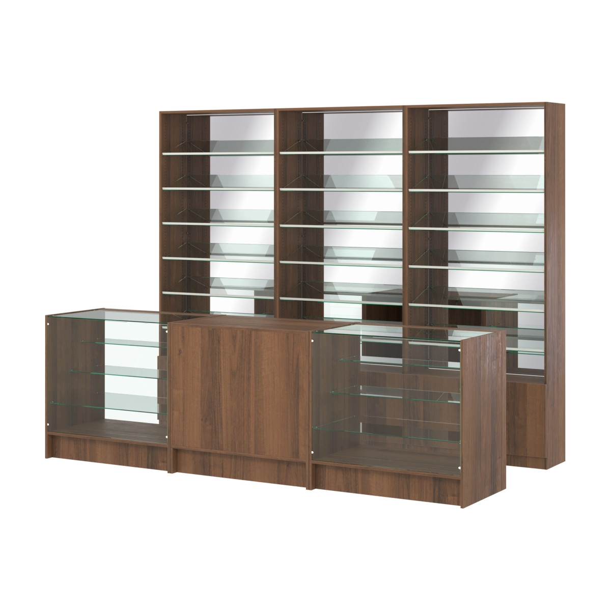 Комплект стеллажей с наклонными стеклянными полками SL-6 №12-2 и прилавков ЭК-04 Орех