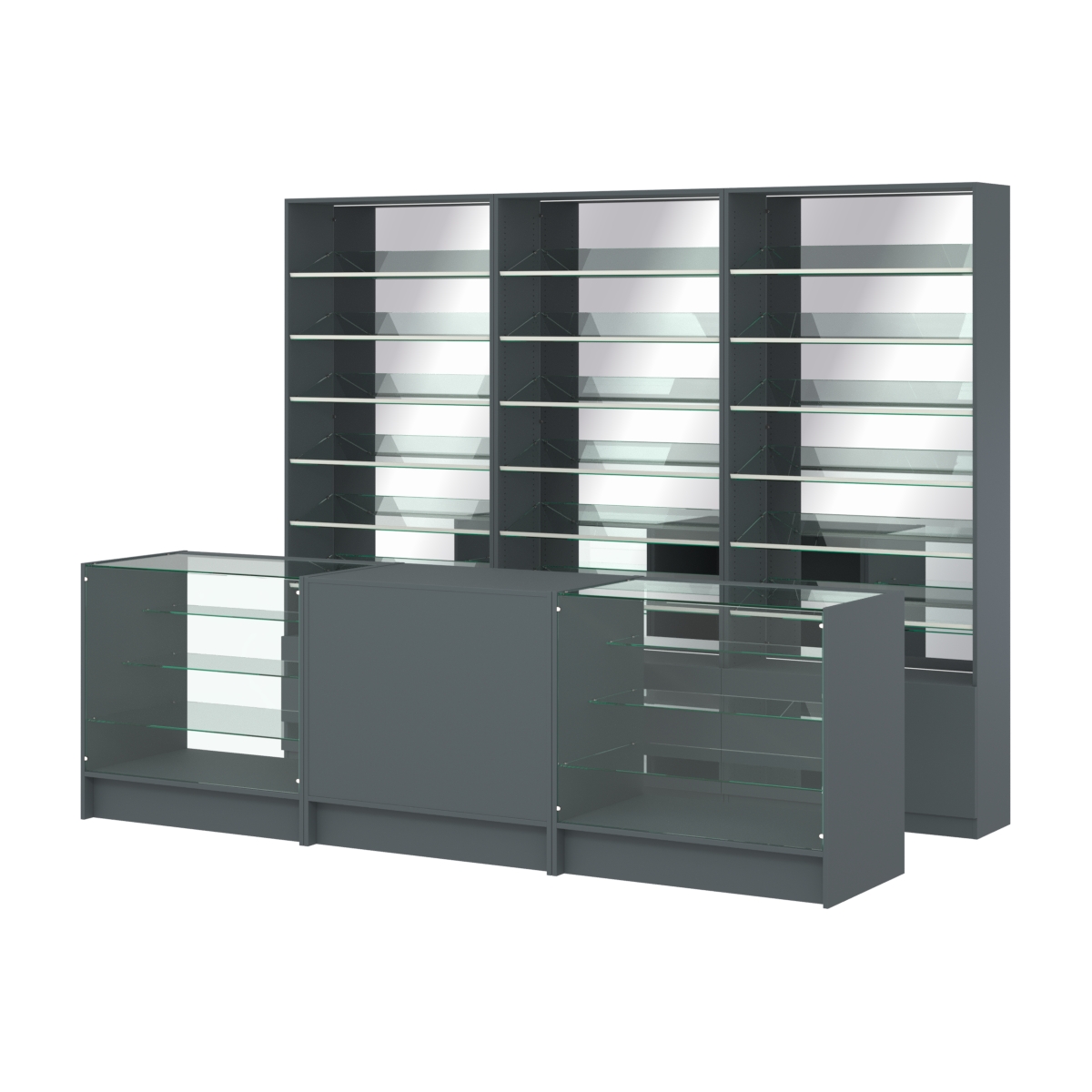 Комплект стеллажей с наклонными стеклянными полками SL-6 №12-2 и прилавков ЭК-04 Темно-Серый