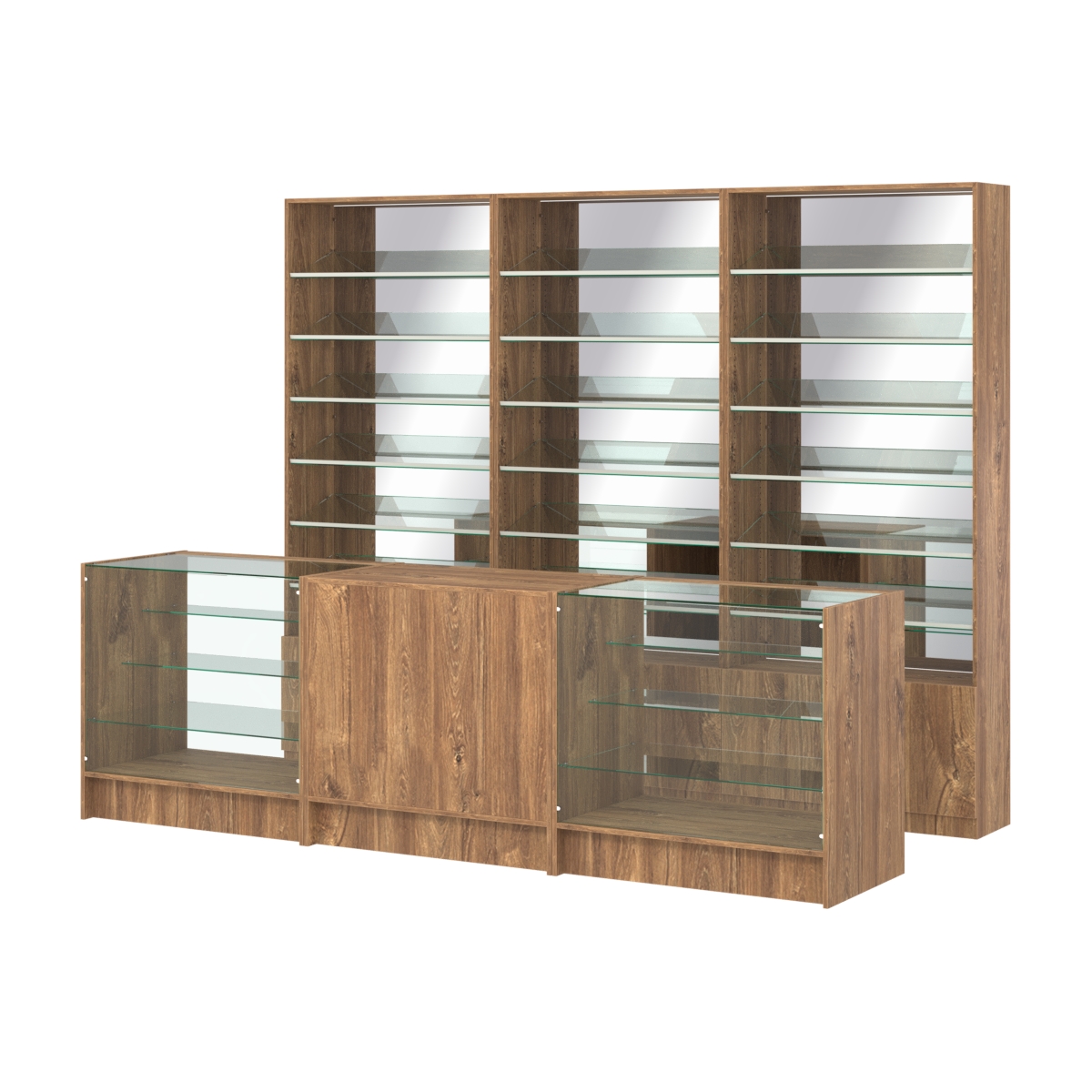 Комплект стеллажей с наклонными стеклянными полками SL-6 №12-2 и прилавков ЭК-04 Дуб Канзас коричневый