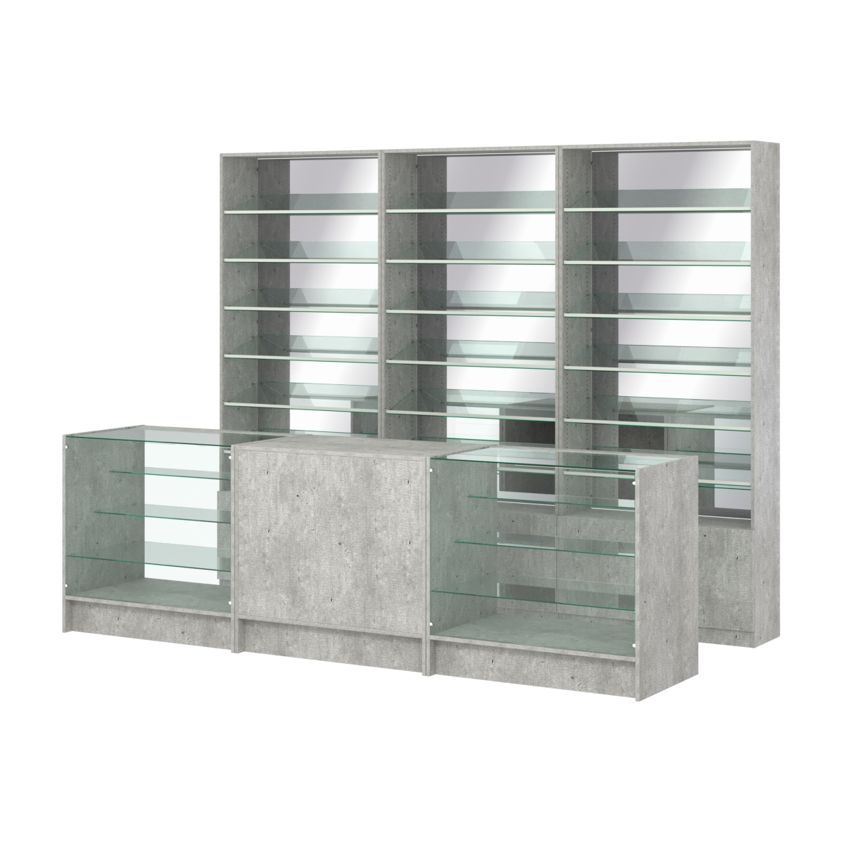 Комплект стеллажей с наклонными стеклянными полками SL-6 №12-2 и прилавков ЭК-04 Метрополитан Грей