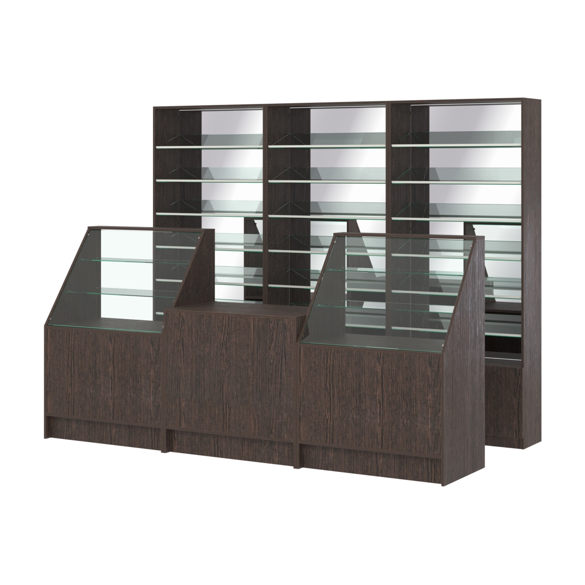 Комплект стеллажей с наклонными стеклянными полками SL-6 №12-2 и прилавков ЭК-07 Дуб Венге