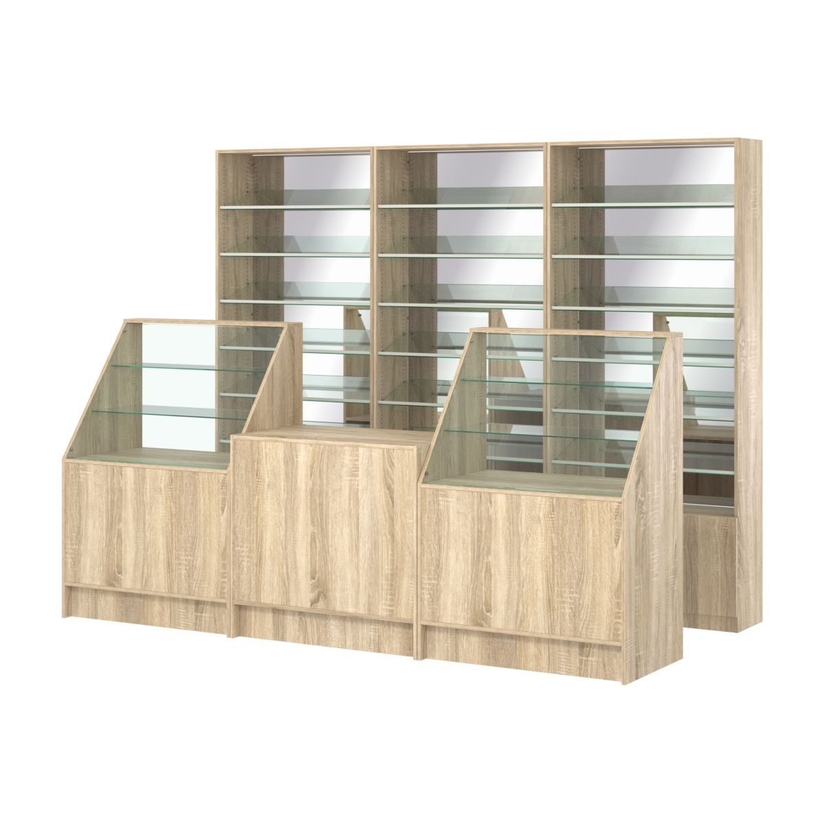 Комплект стеллажей с наклонными стеклянными полками SL-6 №12-2 и прилавков ЭК-07 Дуб сонома