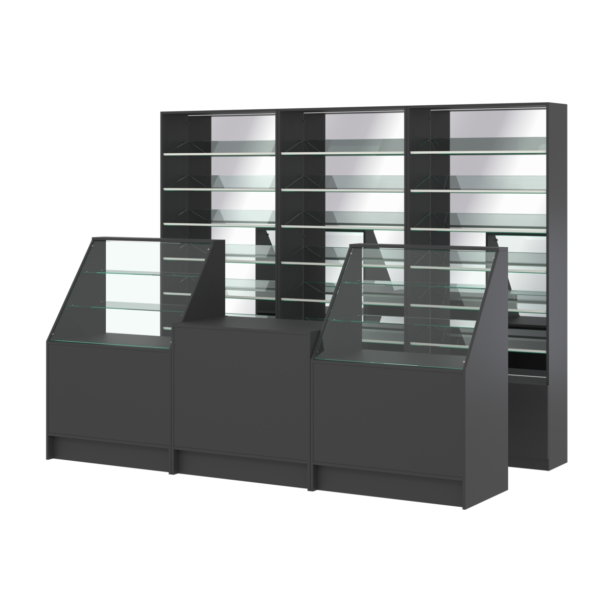 Комплект стеллажей с наклонными стеклянными полками SL-6 №12-2 и прилавков ЭК-07 Черный