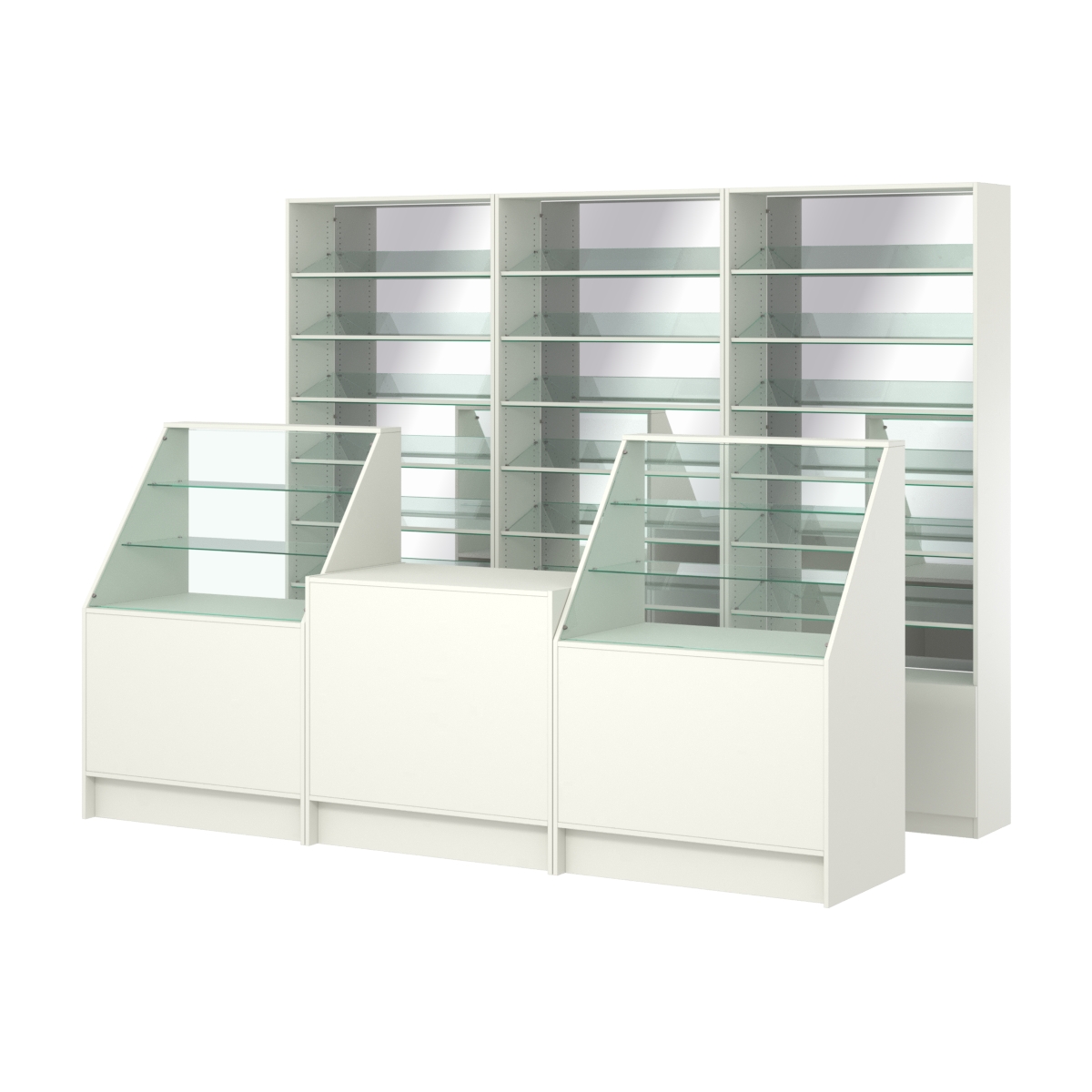 Комплект стеллажей с наклонными стеклянными полками SL-6 №12-2 и прилавков ЭК-07 Белый