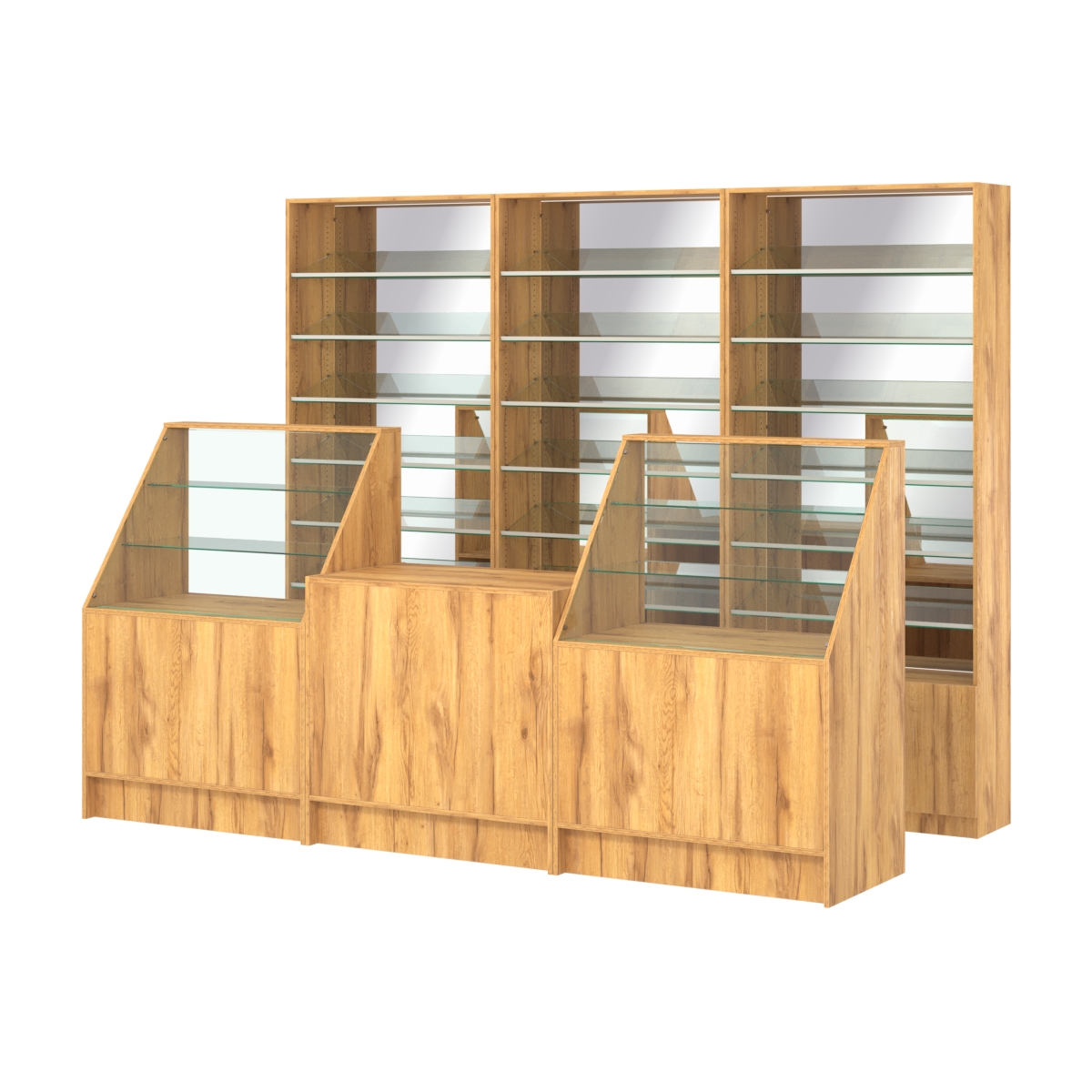 Комплект стеллажей с наклонными стеклянными полками SL-6 №12-2 и прилавков ЭК-07 Дуб Золотистый