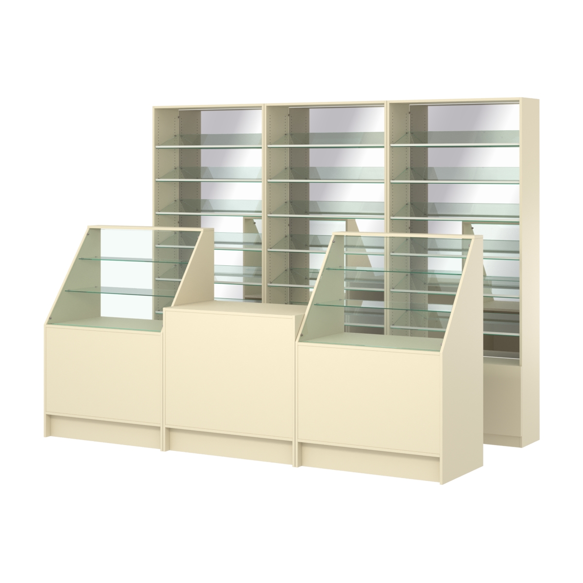 Комплект стеллажей с наклонными стеклянными полками SL-6 №12-2 и прилавков ЭК-07 Крем Вайс