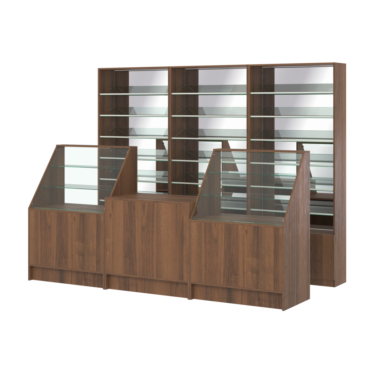 Комплект стеллажей с наклонными стеклянными полками SL-6 №12-2 и прилавков ЭК-07 Орех