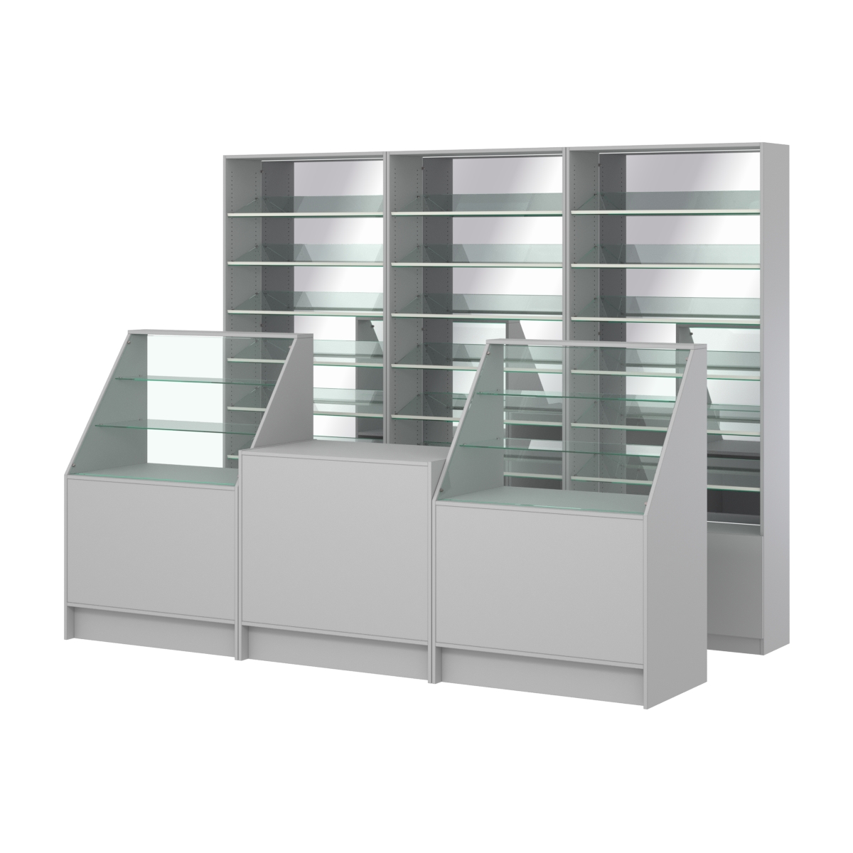 Комплект стеллажей с наклонными стеклянными полками SL-6 №12-2 и прилавков ЭК-07 Серый