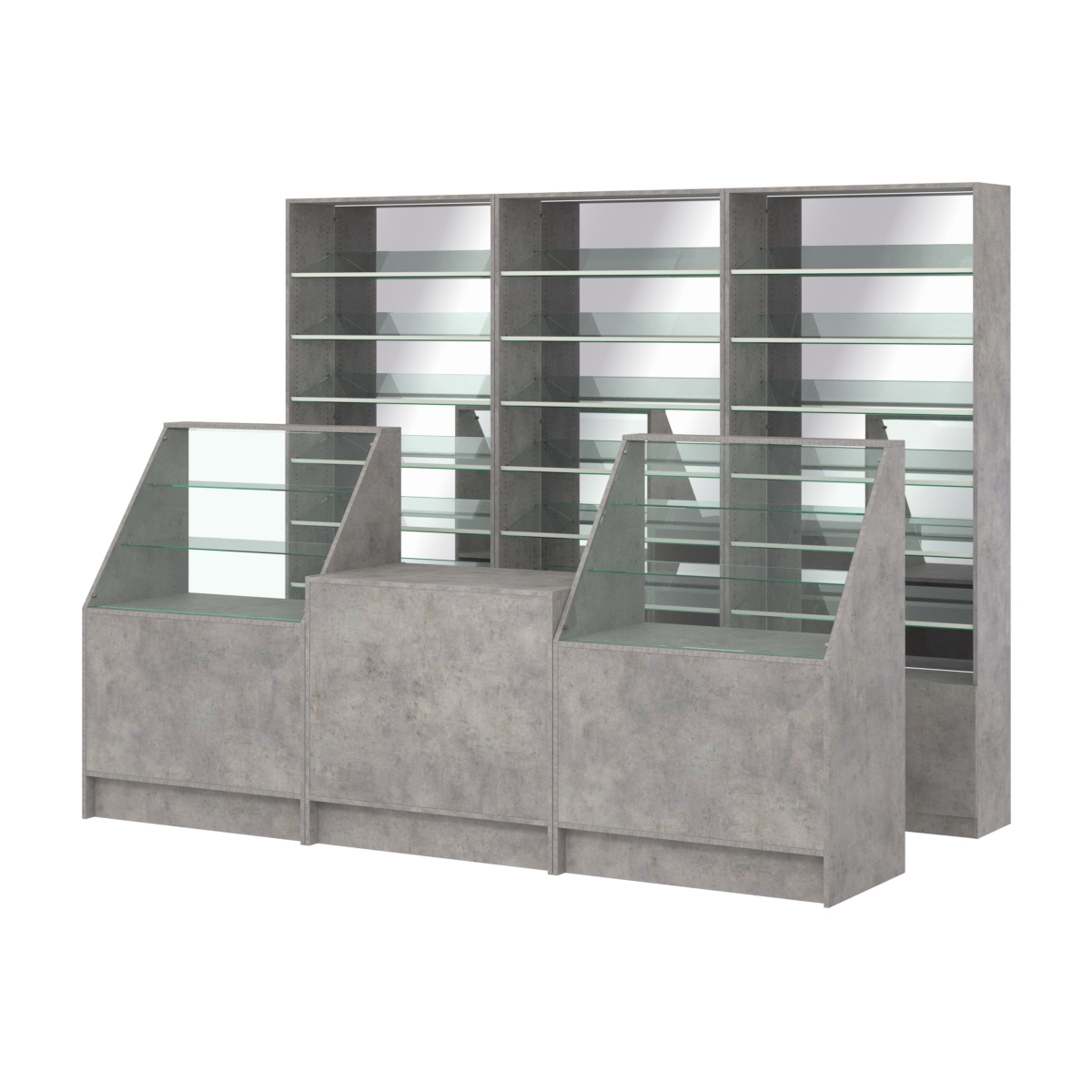 Комплект стеллажей с наклонными стеклянными полками SL-6 №12-2 и прилавков ЭК-07 Бетон Чикаго светло-серый F186 ST9
