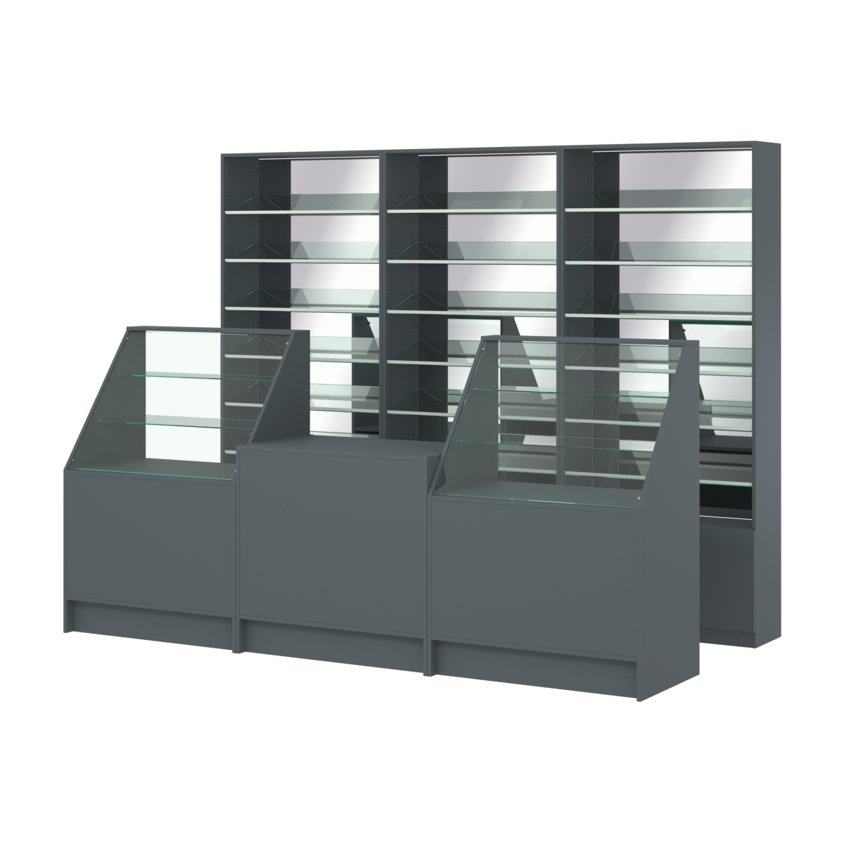 Комплект стеллажей с наклонными стеклянными полками SL-6 №12-2 и прилавков ЭК-07 Темно-Серый