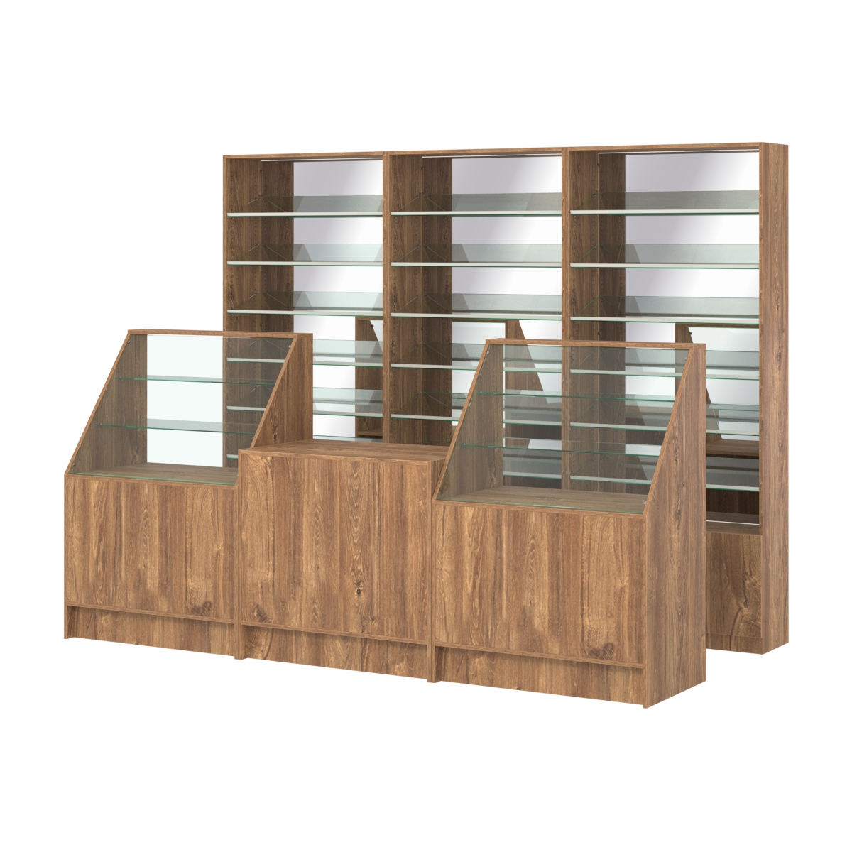 Комплект стеллажей с наклонными стеклянными полками SL-6 №12-2 и прилавков ЭК-07 Дуб Канзас коричневый