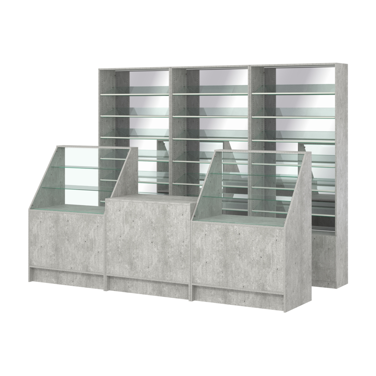 Комплект стеллажей с наклонными стеклянными полками SL-6 №12-2 и прилавков ЭК-07 Метрополитан Грей