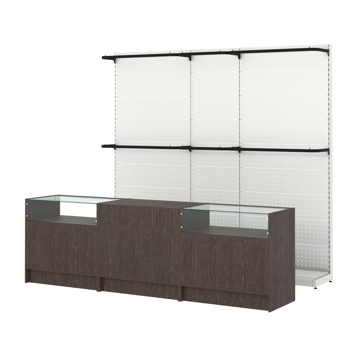 Комплект стеллажей с П-поручнями и прилавков ЭК-2 для торговли одеждой №1 Дуб Венге