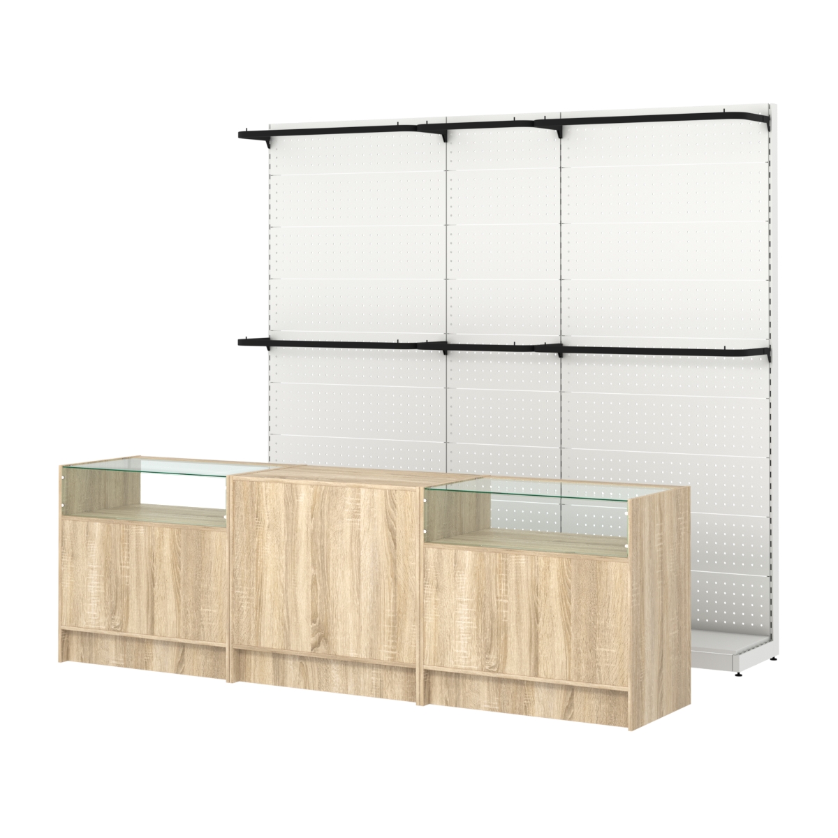 Комплект стеллажей с П-поручнями и прилавков ЭК-2 для торговли одеждой №1 Дуб сонома