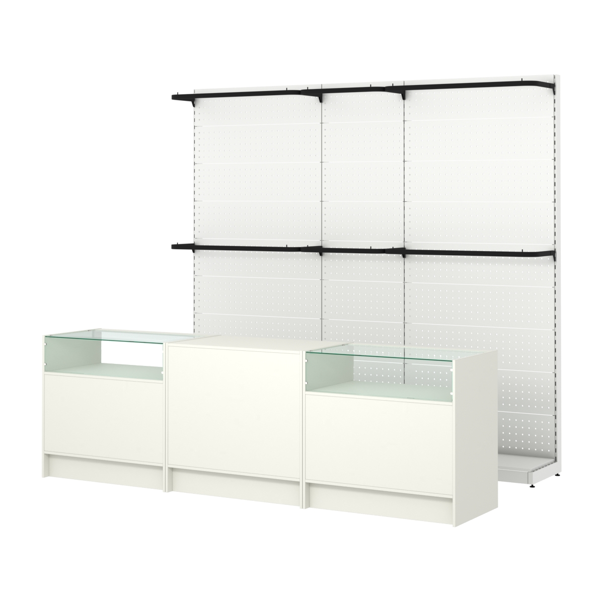 Комплект стеллажей с П-поручнями и прилавков ЭК-2 для торговли одеждой №1 Белый