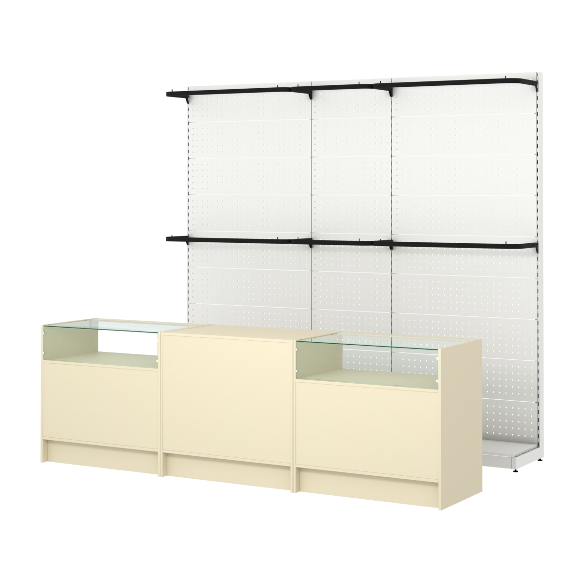 Комплект стеллажей с П-поручнями и прилавков ЭК-2 для торговли одеждой №1 Крем Вайс