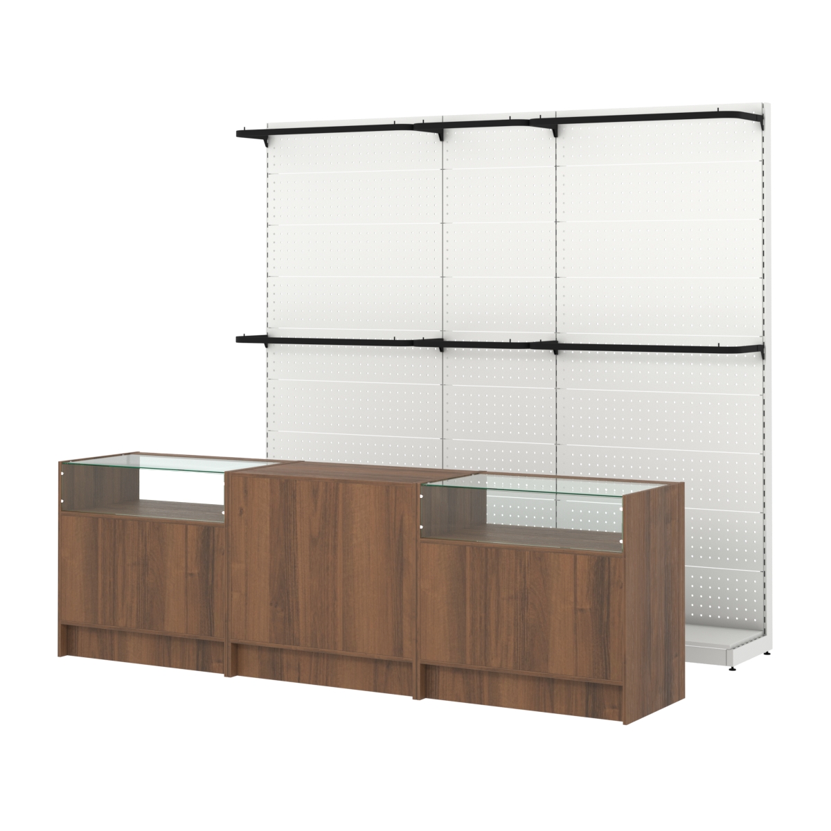 Комплект стеллажей с П-поручнями и прилавков ЭК-2 для торговли одеждой №1 Орех