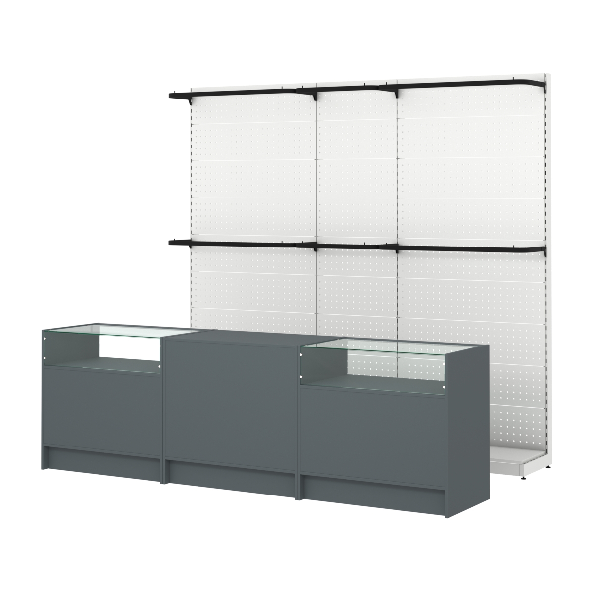 Комплект стеллажей с П-поручнями и прилавков ЭК-2 для торговли одеждой №1 Темно-Серый