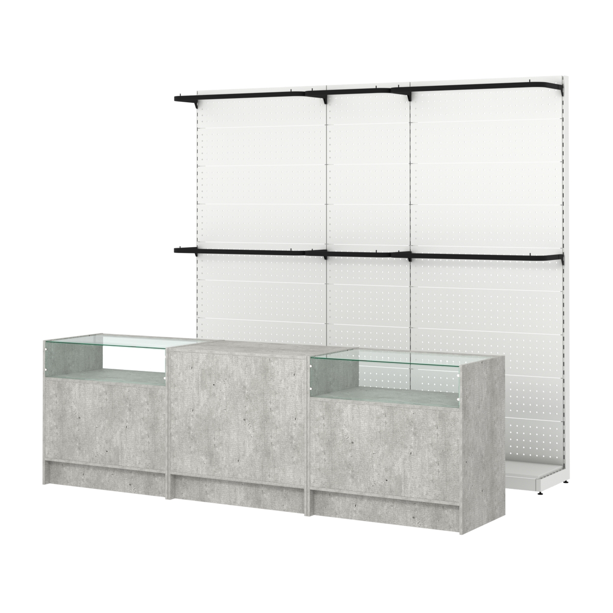 Комплект стеллажей с П-поручнями и прилавков ЭК-2 для торговли одеждой №1 Метрополитан Грей