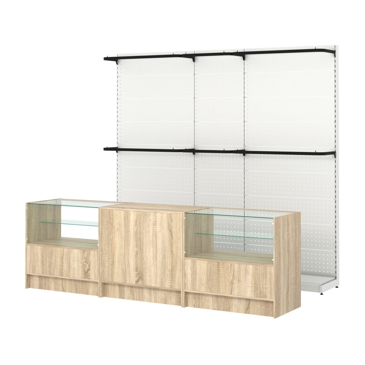 Комплект стеллажей с П-поручнями и прилавков ЭК-3 для торговли одеждой №2 Дуб сонома