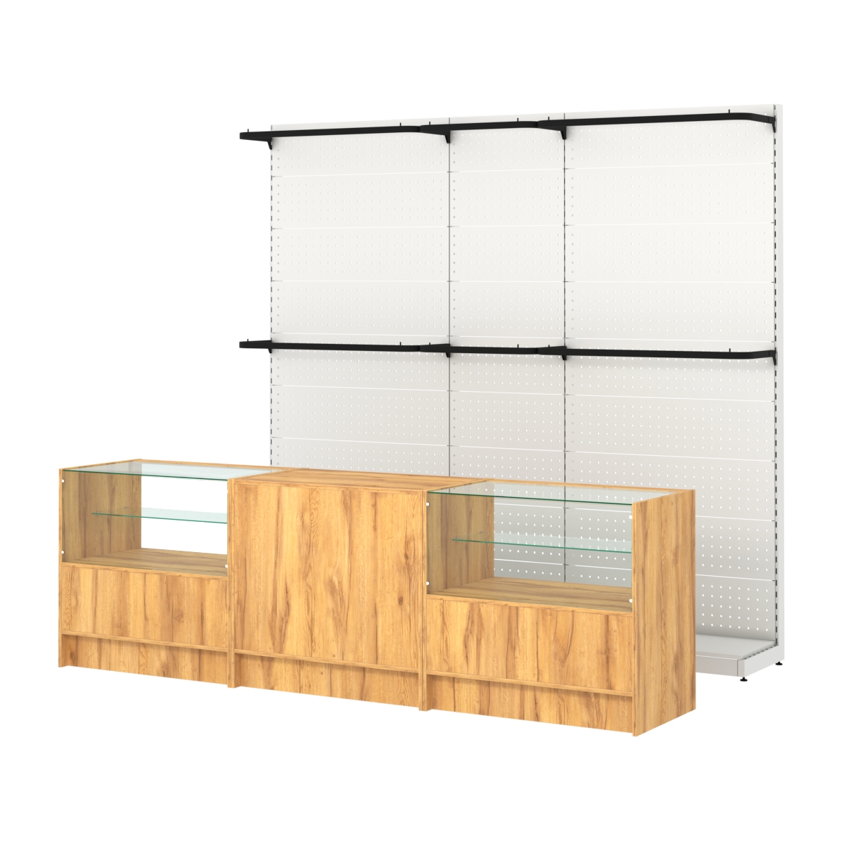 Комплект стеллажей с П-поручнями и прилавков ЭК-3 для торговли одеждой №2 Дуб Золотистый