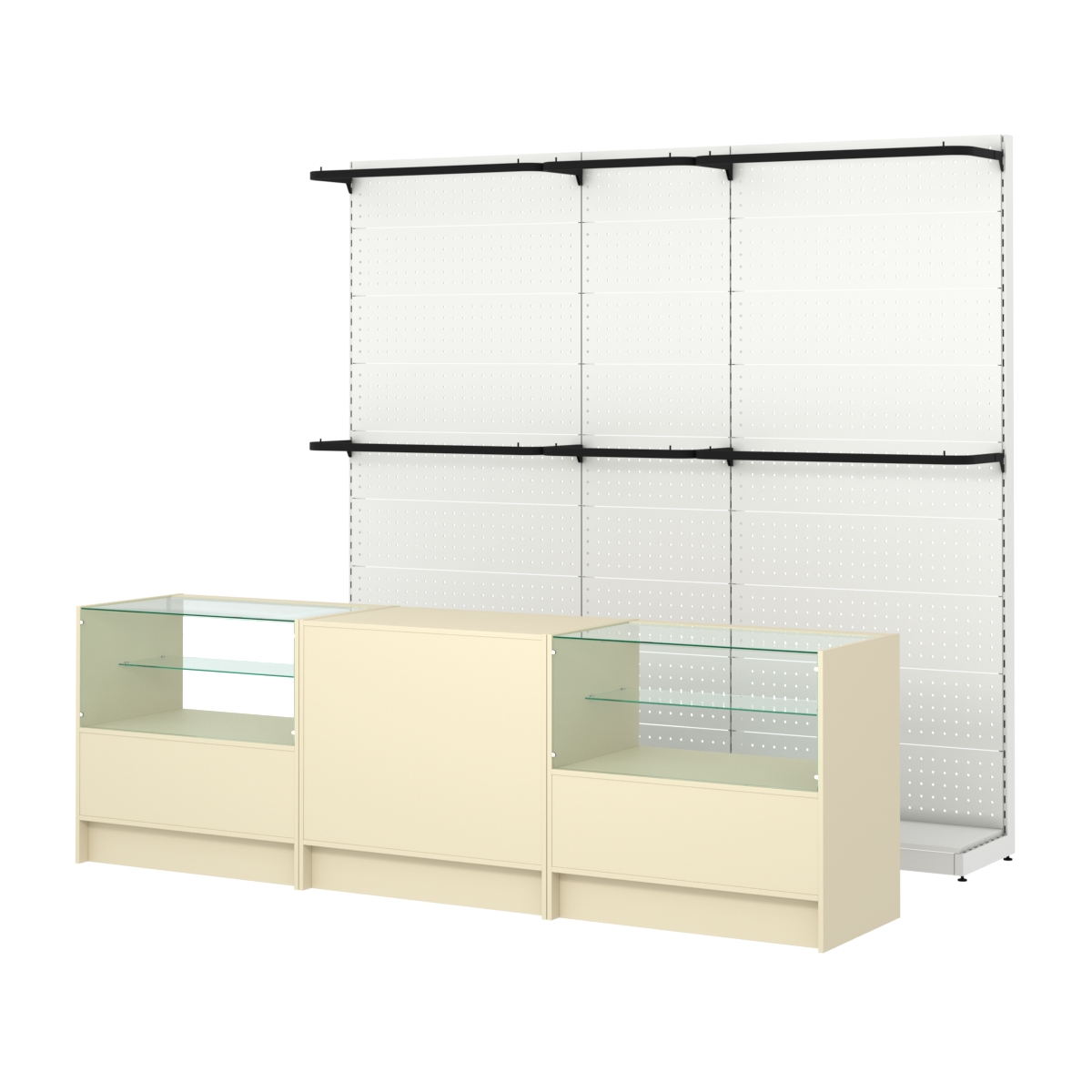 Комплект стеллажей с П-поручнями и прилавков ЭК-3 для торговли одеждой №2 Крем Вайс