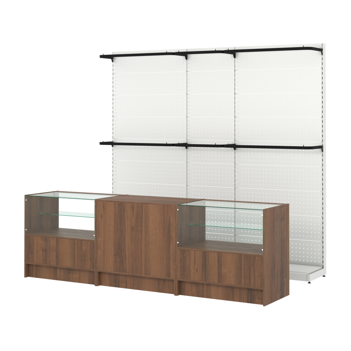 Комплект стеллажей с П-поручнями и прилавков ЭК-3 для торговли одеждой №2 Орех