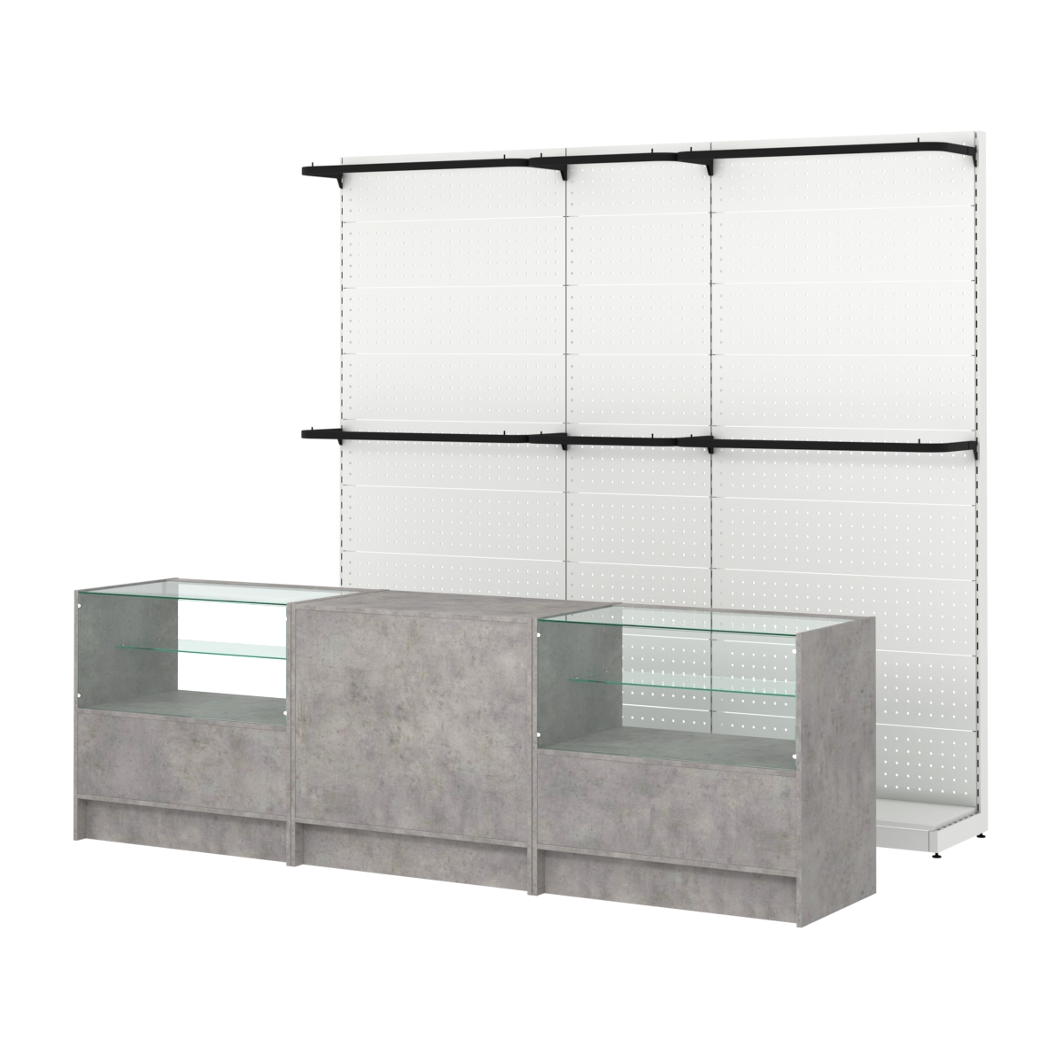 Комплект стеллажей с П-поручнями и прилавков ЭК-3 для торговли одеждой №2 Бетон Чикаго светло-серый F186 ST9