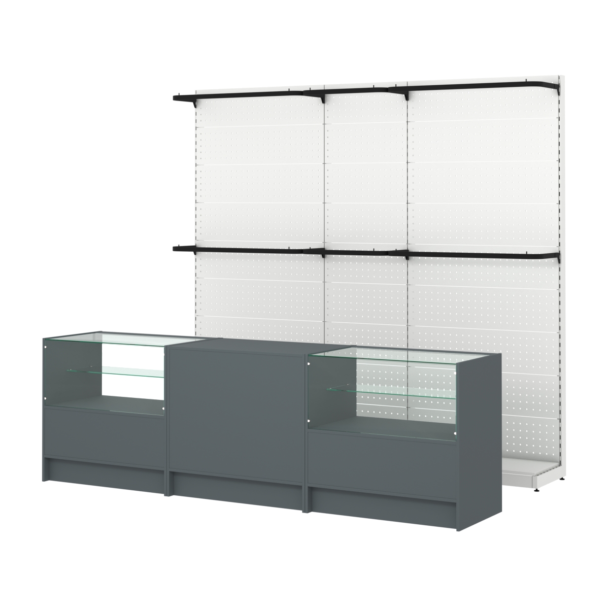 Комплект стеллажей с П-поручнями и прилавков ЭК-3 для торговли одеждой №2 Темно-Серый