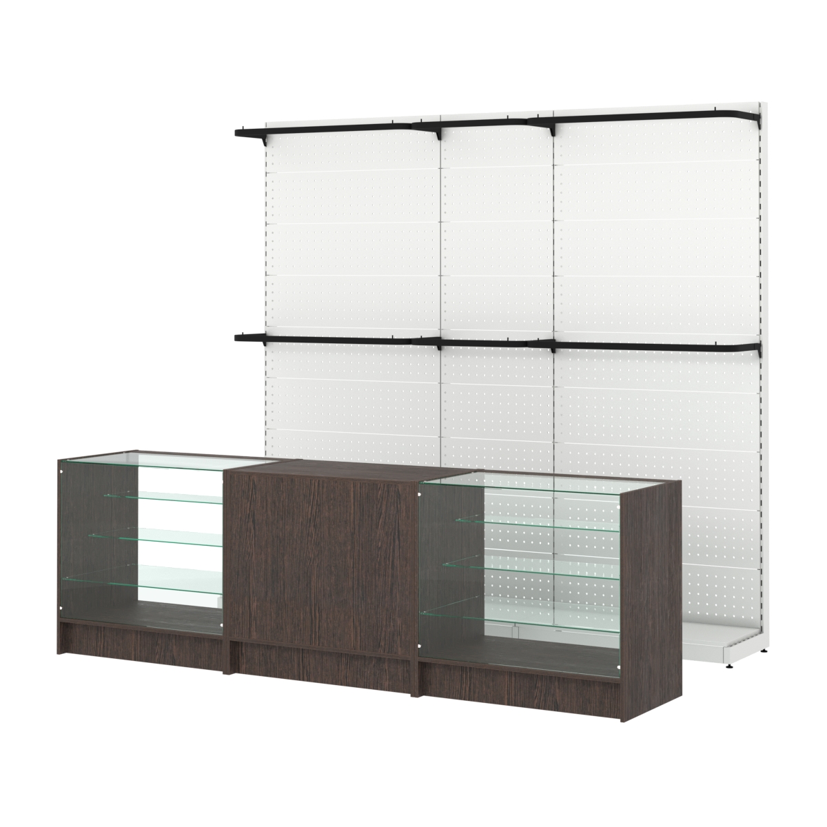 Комплект стеллажей с П-поручнями и прилавков ЭК-4 для торговли одеждой №3 Дуб Венге