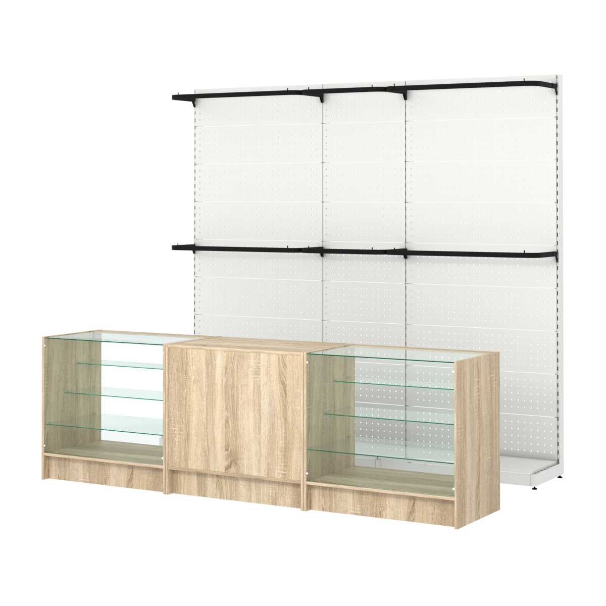 Комплект стеллажей с П-поручнями и прилавков ЭК-4 для торговли одеждой №3 Дуб сонома