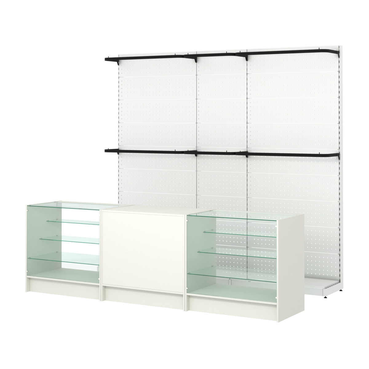 Комплект стеллажей с П-поручнями и прилавков ЭК-4 для торговли одеждой №3 Белый