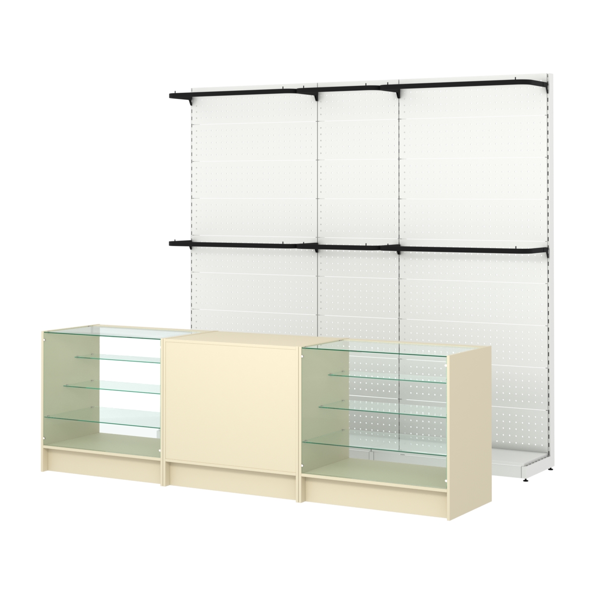 Комплект стеллажей с П-поручнями и прилавков ЭК-4 для торговли одеждой №3 Крем Вайс