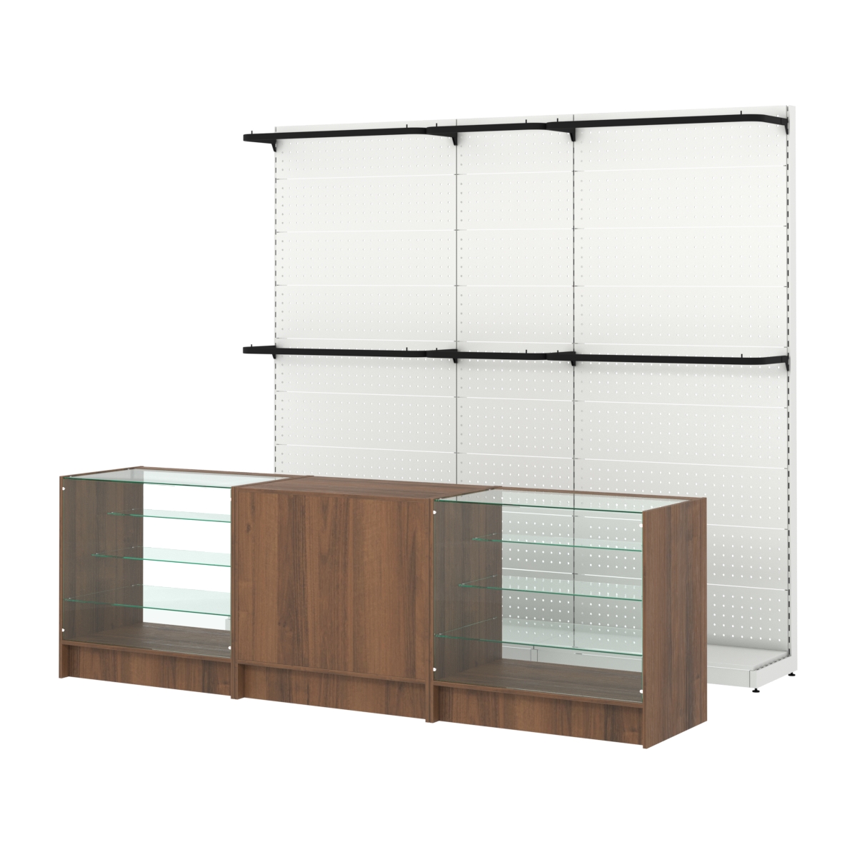 Комплект стеллажей с П-поручнями и прилавков ЭК-4 для торговли одеждой №3 Орех