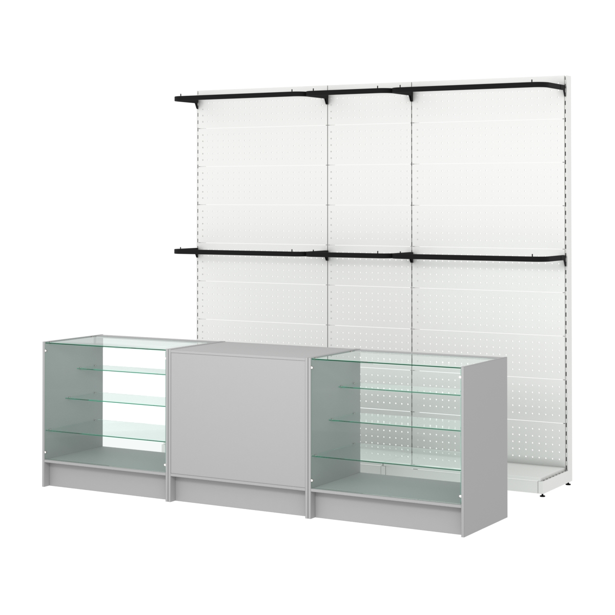 Комплект стеллажей с П-поручнями и прилавков ЭК-4 для торговли одеждой №3 Серый